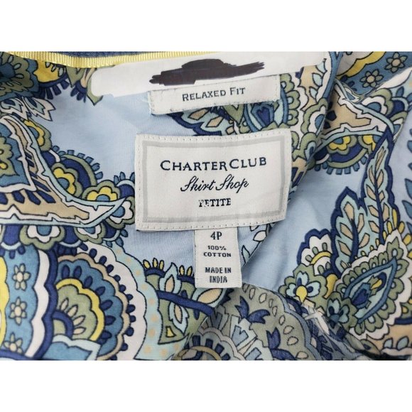 Charter Club Button Front Shirt Womens Size 4P Blue Paisley Boho Long Sleeve - Picture 7 of 7